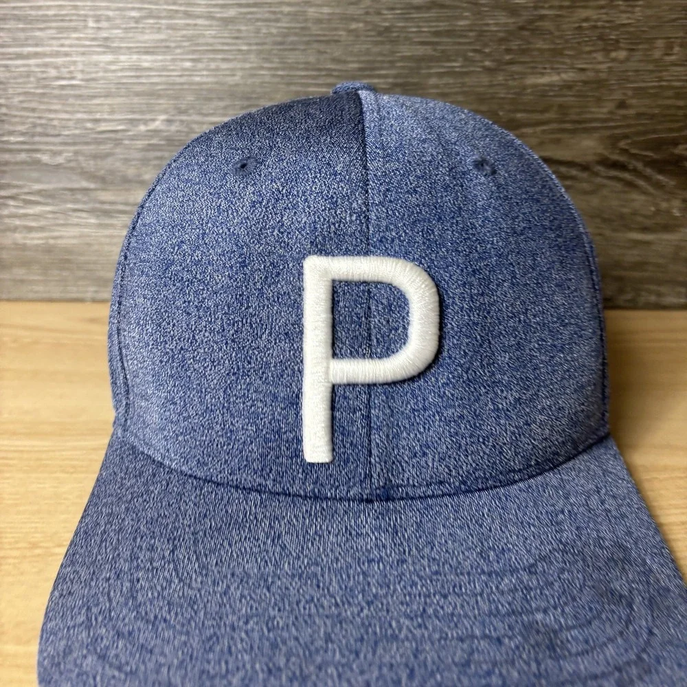 Puma Hat Cap Snap Back Blue White P Script Tour Exclusive Golf Mens Embroidered